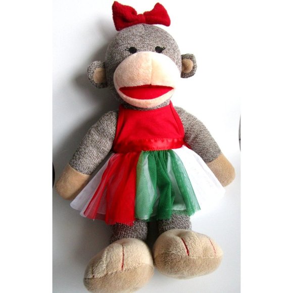 BAB Build a Bear Girl Sock Monkey - Red Bow/Dress 18" Plush Stuffed Animal Toy - Picture 1 of 15
